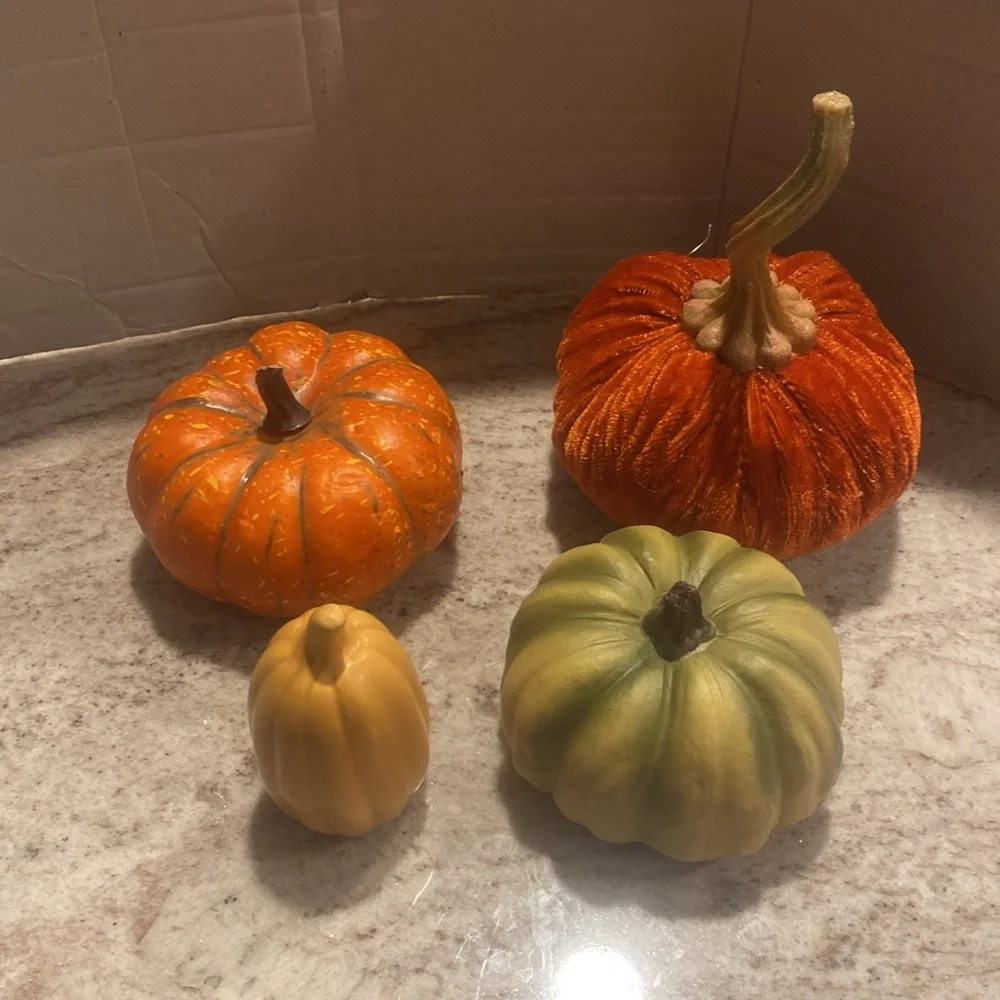 Set of 4 festive pumpkins. Great for fall decorating. Various sizes & materials.